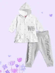 White Snow Infant Girls White & Grey Printed Hooded Fleece Top with Joggers
