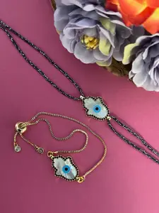 Digital Dress Room Set of 2 Gold-Toned & Black AD Evil Eye Thread Rakhi & Bracelet