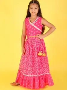 LIL DRAMA Girls Pink & Orange Printed Ready to Wear Lehenga & Choli