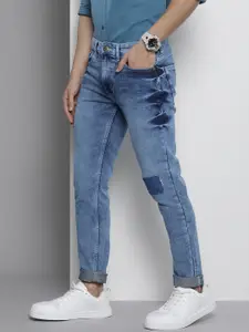 The Indian Garage Co Men Blue Mildly Distressed Light Fade Cropped Stretchable Jeans