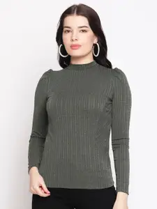 Madame Olive Green Striped High Neck Fitted Top