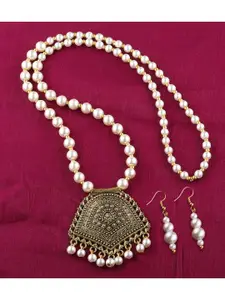 Silver Shine Women Gold Toned & White Traditional Styles Necklace Jewellery Set
