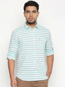Basics Men Green Slim Fit Horizontal Stripes Striped Casual Shirt