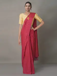 Unnati Silks Red & Gold-Toned Ethnic Motifs Sequinned Silk Cotton Jamdani Saree
