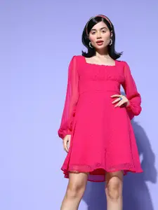 Berrylush Women Pink Self-Design Once Upon a Sleeve Dress