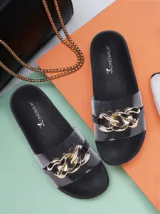 Longwalk Black & Gold-Toned Embellished Flatform Sandals