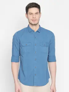 Basics Men Blue Slim Fit Garment Dyed Dobby Casual Shirt