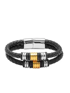 bodha Men Black & Silver-Toned Stainless Steel and Leather Wraparound Bracelet
