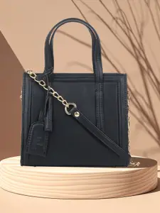yelloe Black Structured Handbag Textured Bag with Applique