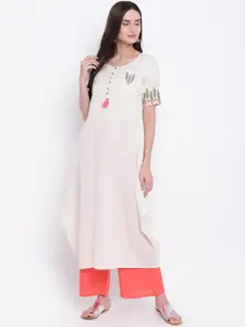 Be Indi Women Cream Solid Floral Embroidered Kurta