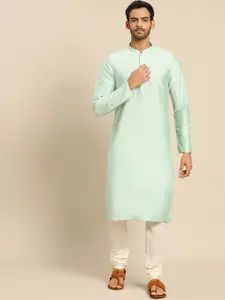 KISAH Men Sea Green Thread Work Straight Kurta