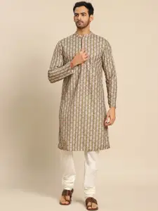 KISAH Men Olive Green Striped Keyhole Neck Thread Work Kurta