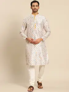 KISAH Men White Floral Printed Embroidered Kurta