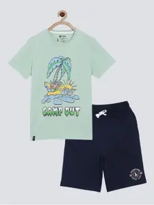 3PIN Boys Green & Navy Blue Printed T-shirt with Shorts