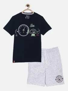 3PIN Boys Navy Blue & Grey Melange Printed T-shirt with Shorts
