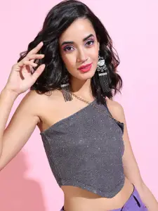 Tokyo Talkies Women Navy Blue One Shoulder Crop Top