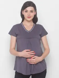 AV2 Women Grey Pleated Cotton Maternity Top & Plus Size