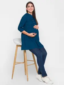 AV2 Turquoise Blue Mandarin Collar Empire Longline Maternity Top & Plus Size