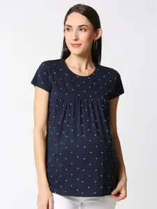 AV2 Women Navy Blue Polka Dots Printed Pure Cotton Maternity Top