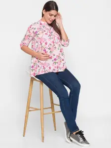 AV2 Pink Floral Print Mandarin Collar Roll-Up Sleeves Shirt Style Longline Top