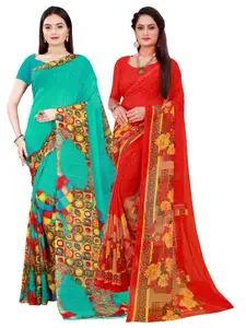 Florence Green & Red Pure Georgette Saree