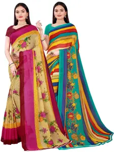 Florence Set Of 2 Beige & Multicoloured Floral Pure Georgette Saree