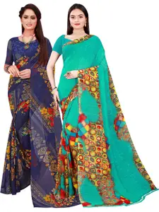 Florence Green & Navy Blue Pure Georgette Saree