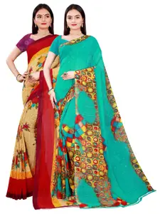 Florence Green & Beige Pure Georgette Saree
