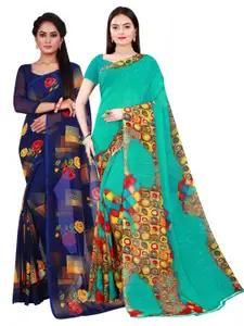 Florence Green & Navy Blue Pure Georgette Saree