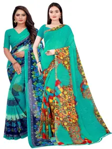 Florence Women Green & Turquoise Blue Pure Georgette Saree