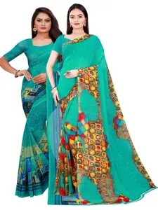 Florence Women Green & Turquoise Blue Pure Georgette Saree