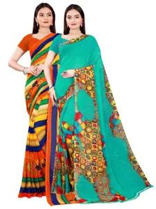 Florence Green & Yellow Set Of 2 Pure Georgette Saree With Unstithed Blouse