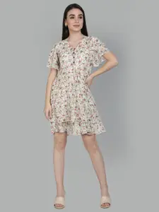ISAM Off White & Pink Floral Printed Layered Fit & Flare Dress
