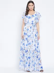 Bitterlime White & Blue Floral Georgette Maxi Dress
