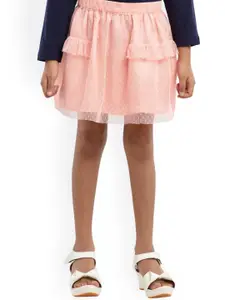 UNDER FOURTEEN ONLY Girls Peach-Colored Dobby Ruffled Flared Above Knee-Length Skirt