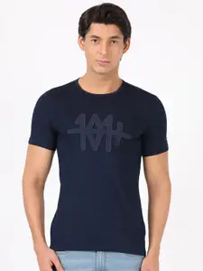 Lee Men Navy Blue Typography Printed Slim Fit T-shirt