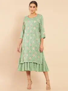 Soch Green Floral Ethnic A-Line Layered Midi Dress