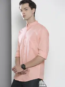 The Indian Garage Co Men Peach-Coloured Band Collar Cotton Casual Shirt