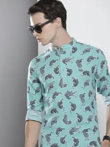 The Indian Garage Co Men Blue Printed Band Collar Cotton Casual Shirt