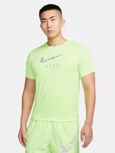 Nike Men Lime Green & Grey Brand Logo Printed Dri-FIT Running T-shirt