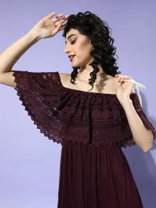 Athena Burgundy Embroidered Off-Shoulder Maxi Dress