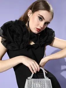 Athena Black Solid Scrunchie Sheath Dress