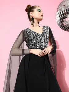 Athena Black & Silver-Coloured Embellished Sequin Cape Sleeves Net Maxi Dress