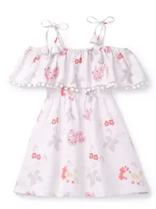 YK Girls White & Pink Floral Fit & Flare Dress