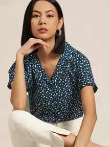 her by invictus Women Navy Blue Floral Printed Casual Shirt
