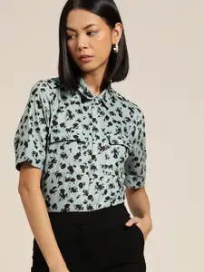 her by invictus Women Sage Green & Black Floral Printed Casual Shirt