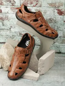 ID Men Tan & Black Leather Shoe-Style Sandals