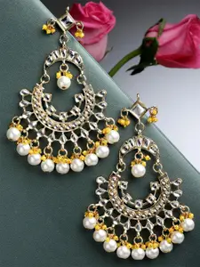 KARATCART Yellow & White Gold-Plated Studded Kundan Contemporary Chandbalis Earrings