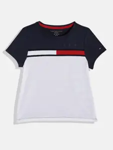 Tommy Hilfiger Girls White & Navy Blue Colourblocked Pure Cotton T-shirt