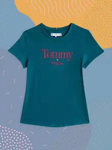 Tommy Hilfiger Girls Teal Blue Brand Logo Printed Pure Cotton T-shirt